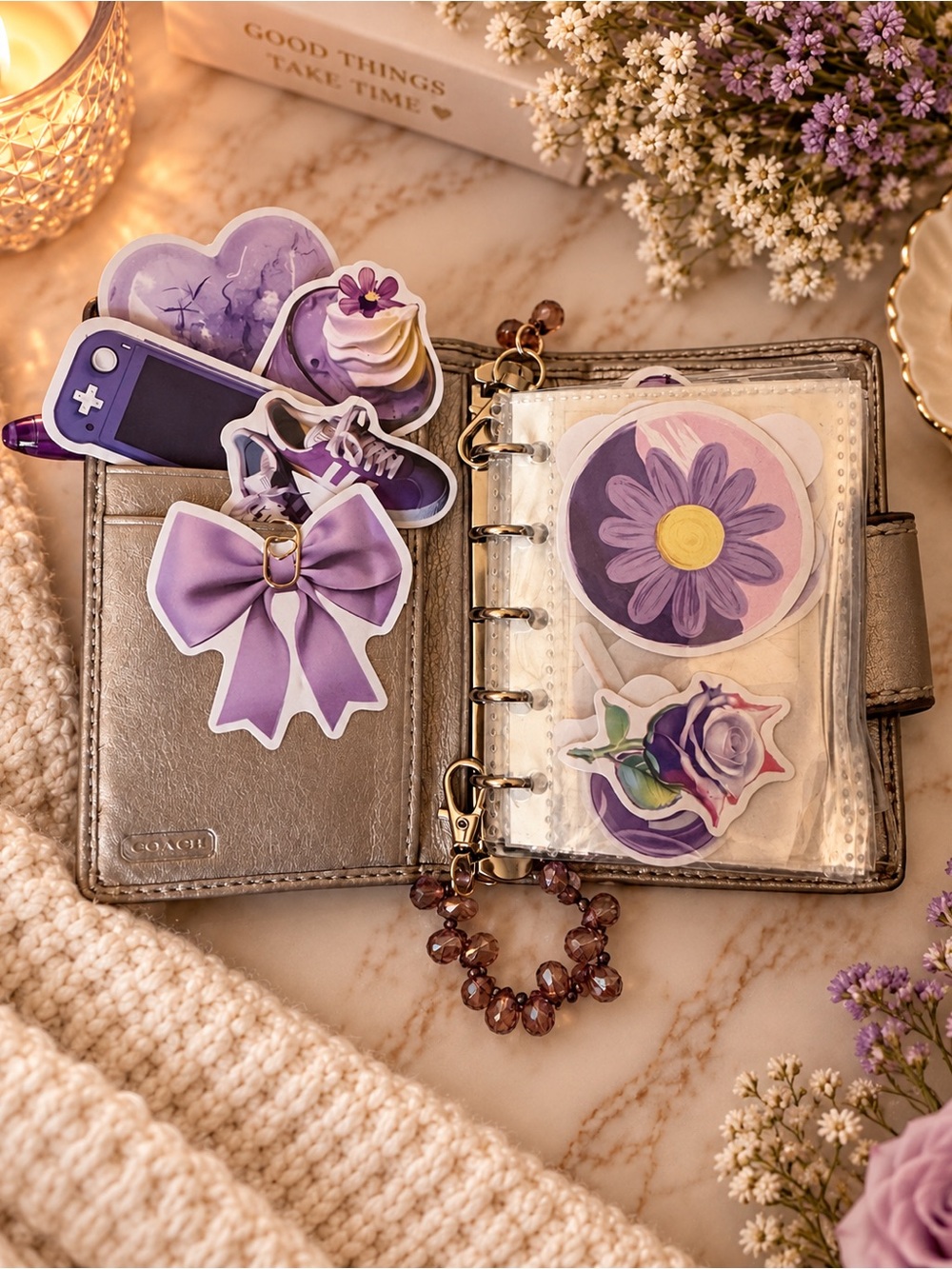 Coach Metallic Silver Mini Planner with Purple Sticker Pack
